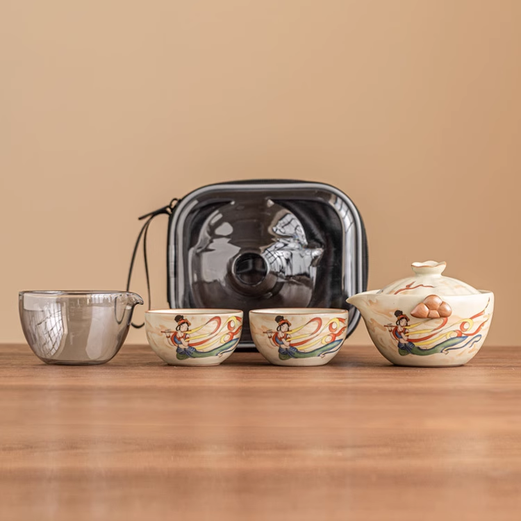 Dunhuang Flying Fairy Ru Kiln Ceramic Quick Guest Cup, one pot and two Cups Outdoor Portable Travel Tea Set (beige)