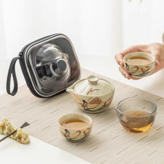 Dunhuang Flying Fairy Ru Kiln Ceramic Quick Guest Cup, one pot and two Cups Outdoor Portable Travel Tea Set (beige)