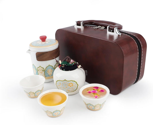 Vintage Ceramic Tea Set for Adults - 5-Piece Porcelain Travel Set with Teapot(Includes Leather Case)