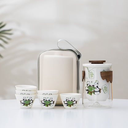 Panda Mahjong Travel Tea set, one pot with three cups, Quick Guest Cup tea set