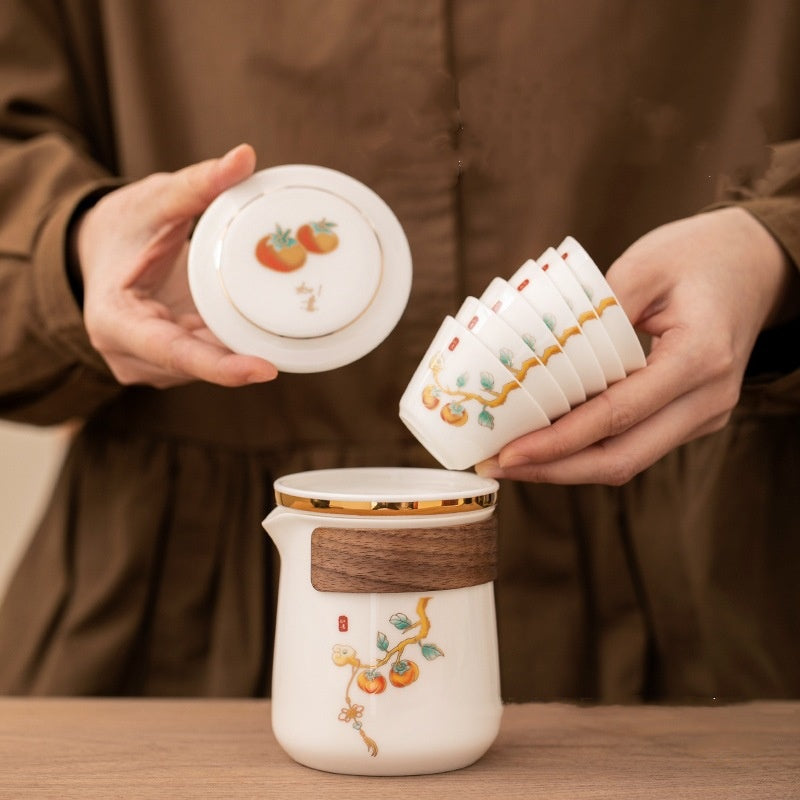 Persimmon Travel Tea set, portable and portable, with a good meaning of everything going well, Quick Guest Cup (White)