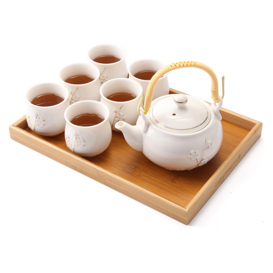 Plum in Golden Porcelain Tea Set with 1 Teapot Set, 6 Tea Cups, 1 Tea Tray, 1 Stainless Infuser（White）