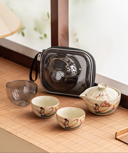 Dunhuang Flying Fairy Ru Kiln Ceramic Quick Guest Cup, one pot and two Cups Outdoor Portable Travel Tea Set (beige)
