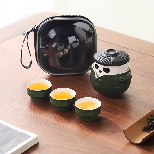Cute Panda Travel Tea Set with Portable Bag, Chinese Ceramic Gongfu Teapot with 3  Teacups, Packaged in An Exquisite Gift Box.(Green)