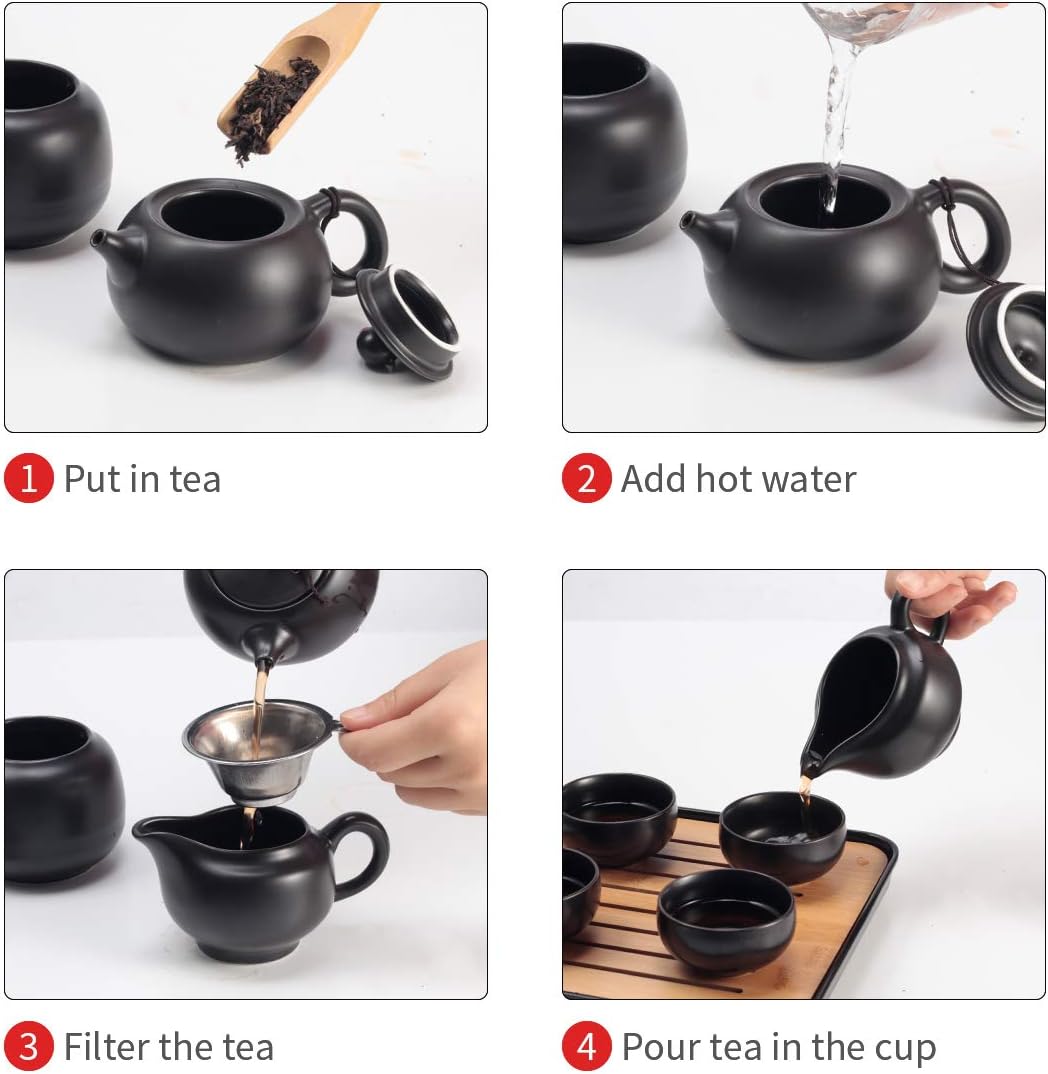 Portable Tea Pot Cup Set with Tray Infuser - Travel Ceramic Tea set (Black)