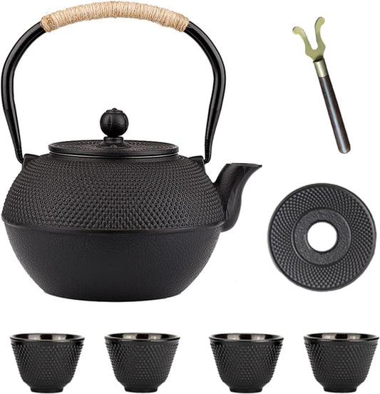 Cast Iron Tea Pot with Stainless Steel Infuser for Loose Leaf Tea, Small Asian Tea Set with Teacups（black）