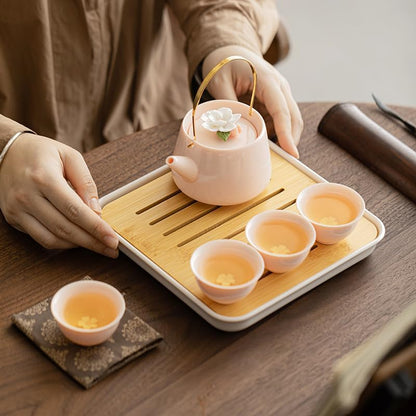 Kungfu Teapot Set with 1 Teapot and 4 Tea Cups, 1 Tea Tray of Travel bag (pink)