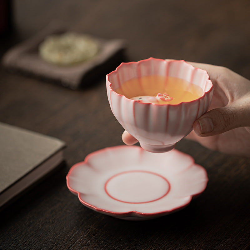 Lard jelly powder Ru Kiln petal cup ceramic tea set with tea pet (Pink)
