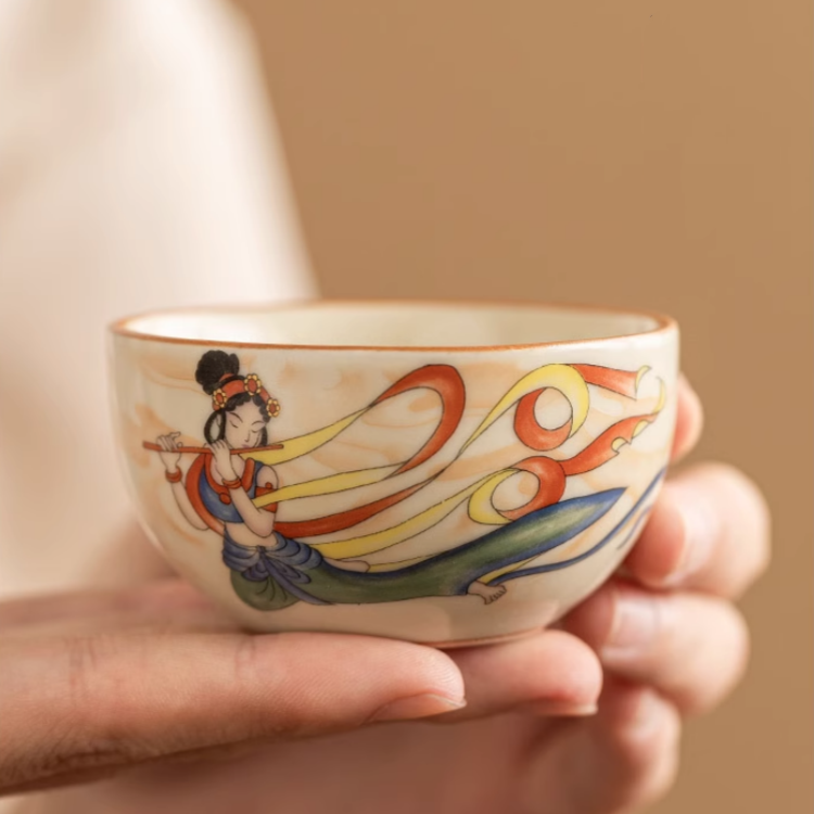 Dunhuang Flying Fairy Ru Kiln Ceramic Quick Guest Cup, one pot and two Cups Outdoor Portable Travel Tea Set (beige)