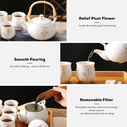 Plum in Golden Porcelain Tea Set with 1 Teapot Set, 6 Tea Cups, 1 Tea Tray, 1 Stainless Infuser（White）