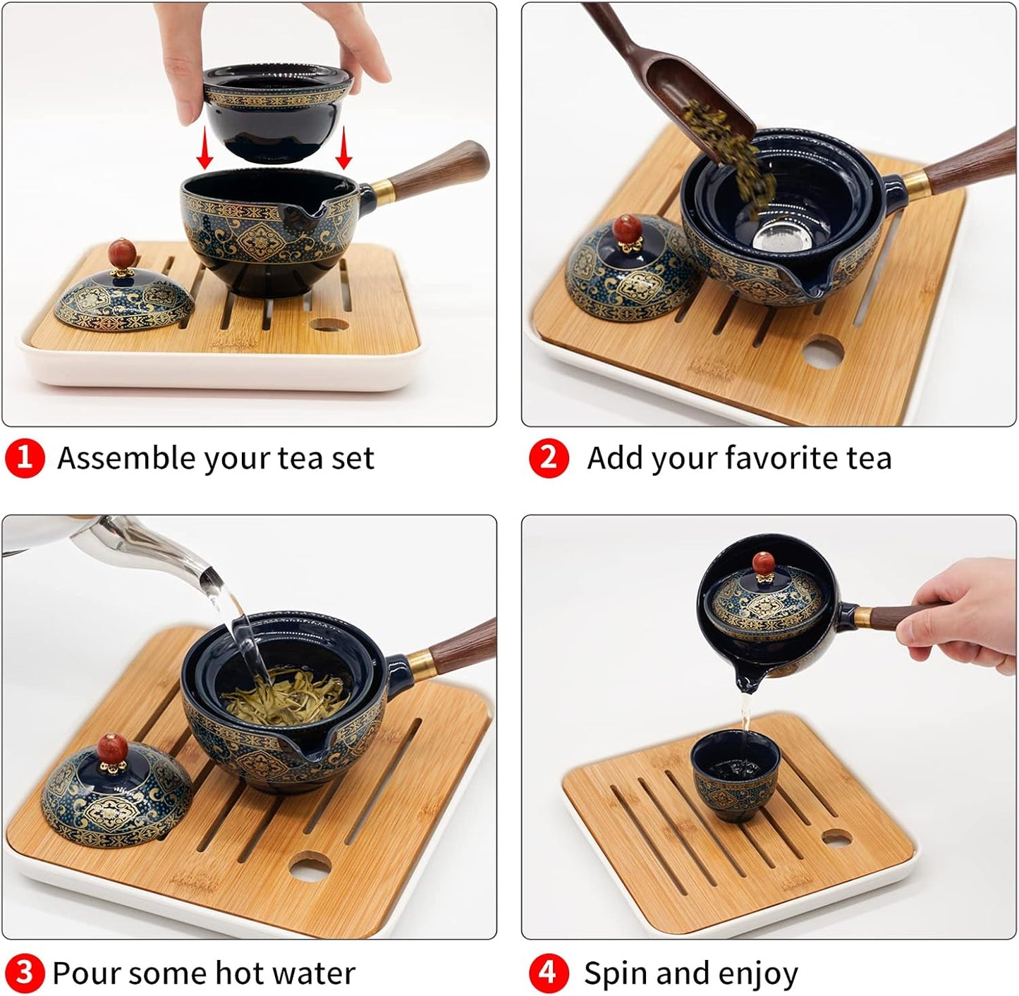 Ceramic portable travel tea set, One pot and four tea cups, tea tray of travel bag (Floral Blue)