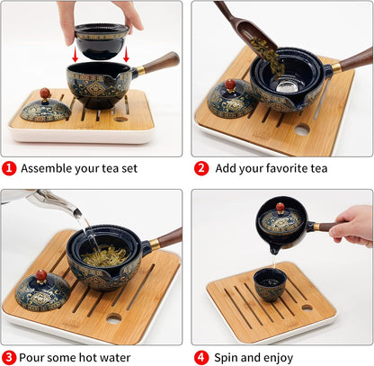 Ceramic portable travel tea set, One pot and four tea cups, tea tray of travel bag (Floral Blue)
