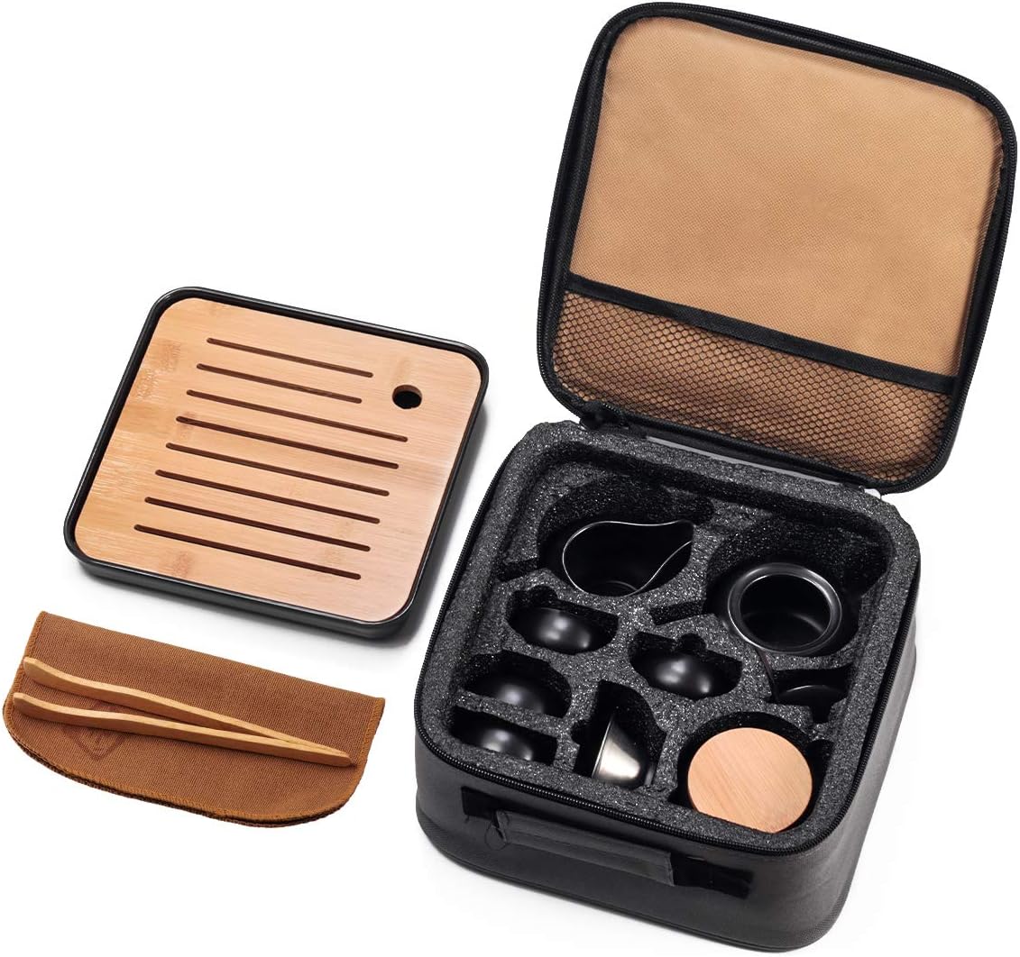 Portable Tea Pot Cup Set with Tray Infuser - Travel Ceramic Tea set (Black)