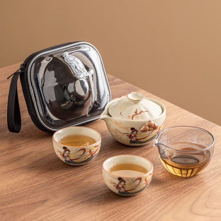 Dunhuang Flying Fairy Ru Kiln Ceramic Quick Guest Cup, one pot and two Cups Outdoor Portable Travel Tea Set (beige)
