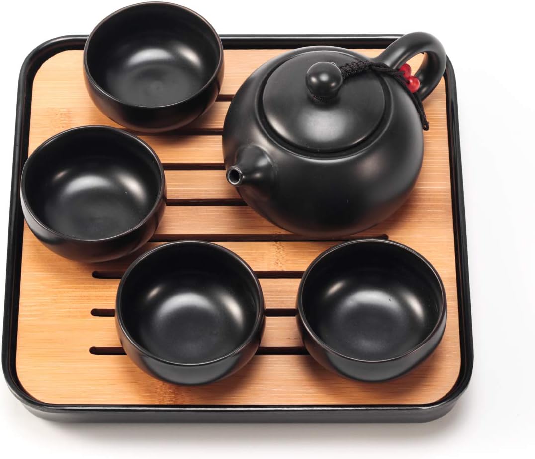 Portable Tea Pot Cup Set with Tray Infuser - Travel Ceramic Tea set (Black)