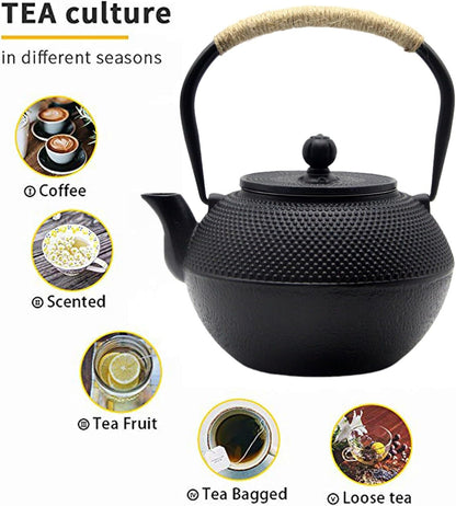 Cast Iron Tea Pot with Stainless Steel Infuser for Loose Leaf Tea, Small Asian Tea Set with Teacups（black）