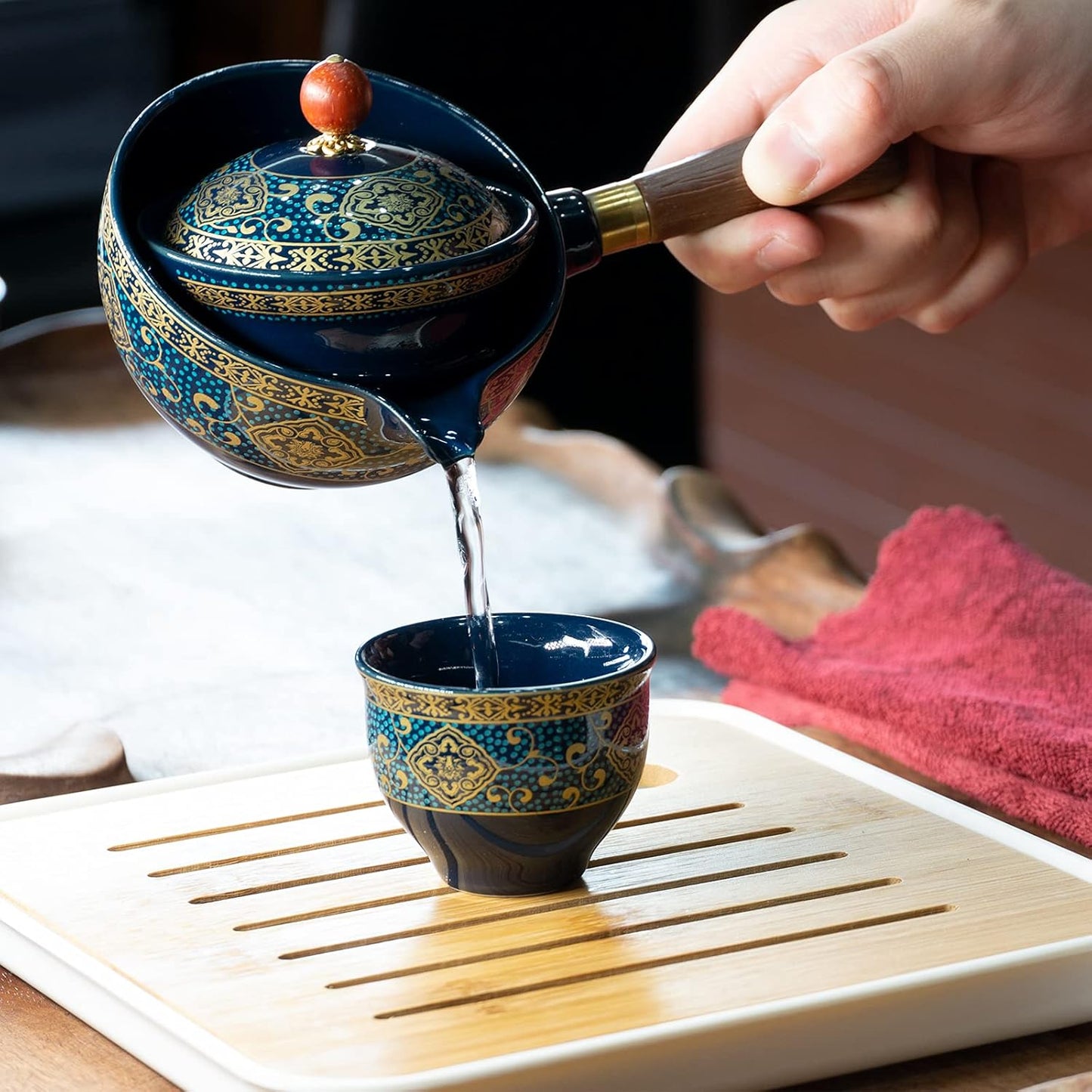Ceramic portable travel tea set, One pot and four tea cups, tea tray of travel bag (Floral Blue)