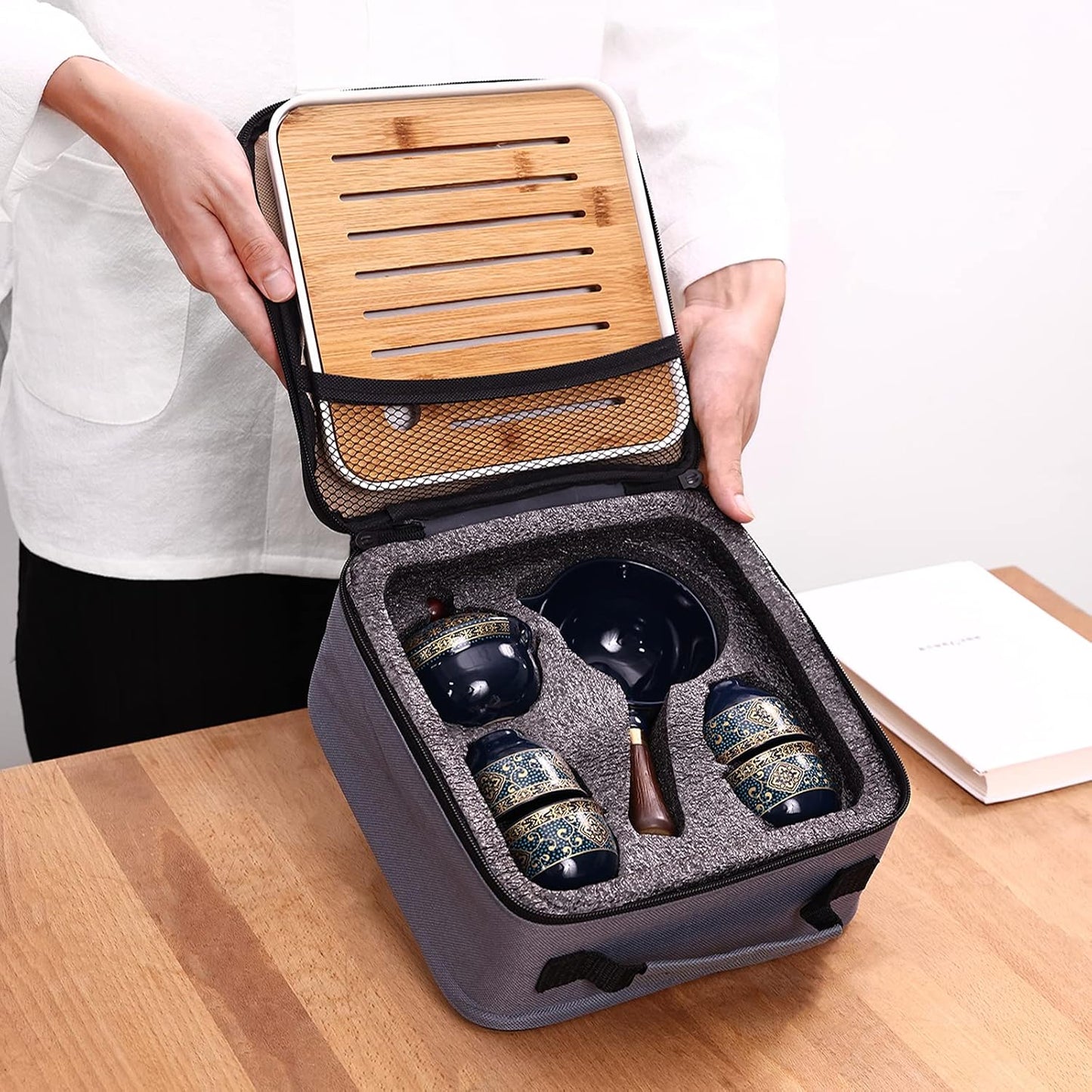 Ceramic portable travel tea set, One pot and four tea cups, tea tray of travel bag (Floral Blue)
