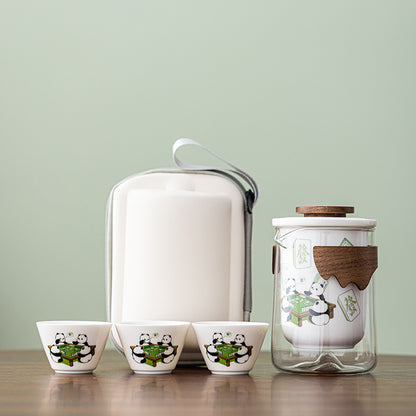 Panda Mahjong Travel Tea set, one pot with three cups, Quick Guest Cup tea set