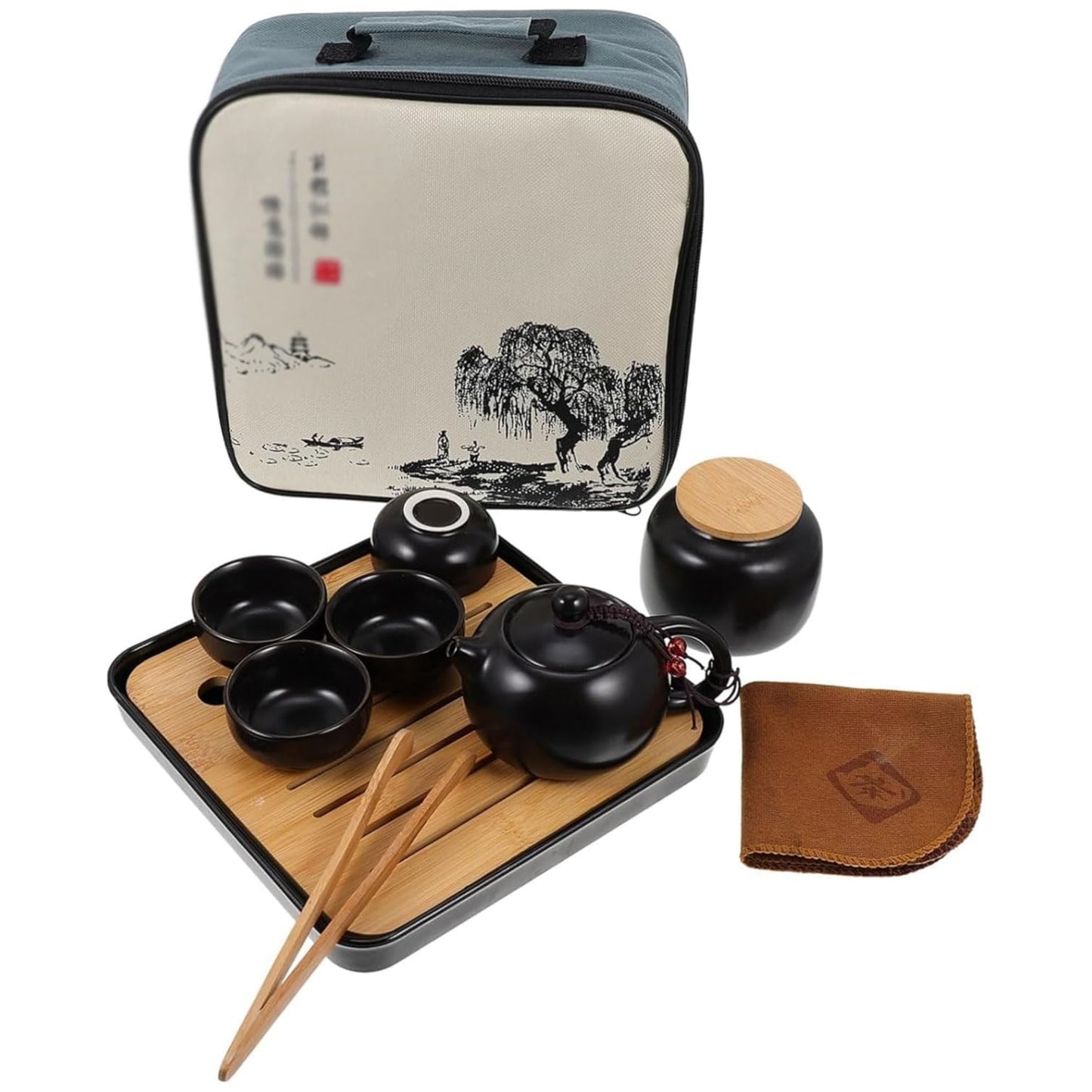 Portable Tea Pot Cup Set with Tray Infuser - Travel Ceramic Tea set (Black)