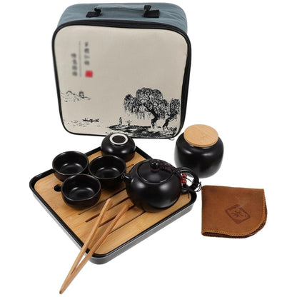 Portable Tea Pot Cup Set with Tray Infuser - Travel Ceramic Tea set (Black)