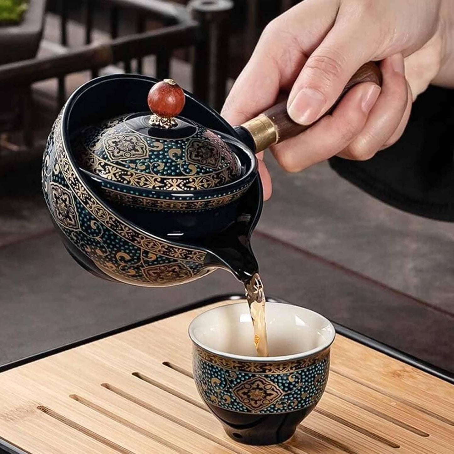 Ceramic portable travel tea set, One pot and four tea cups, tea tray of travel bag (Floral Blue)