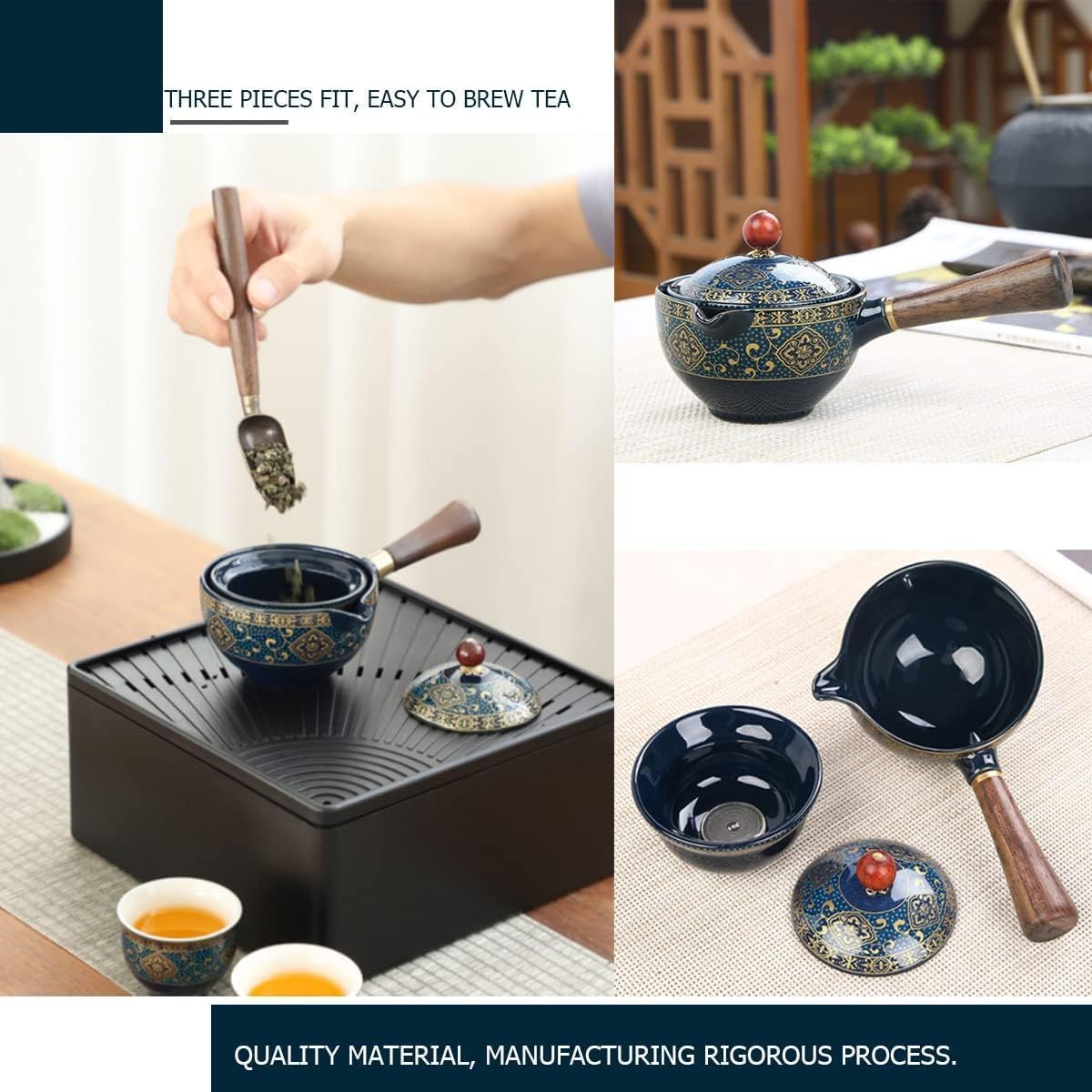 Ceramic portable travel tea set, One pot and four tea cups, tea tray of travel bag (Floral Blue)
