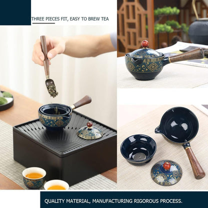 Ceramic portable travel tea set, One pot and four tea cups, tea tray of travel bag (Floral Blue)