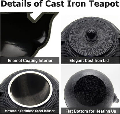Cast Iron Tea Pot with Stainless Steel Infuser for Loose Leaf Tea, Small Asian Tea Set with Teacups（black）