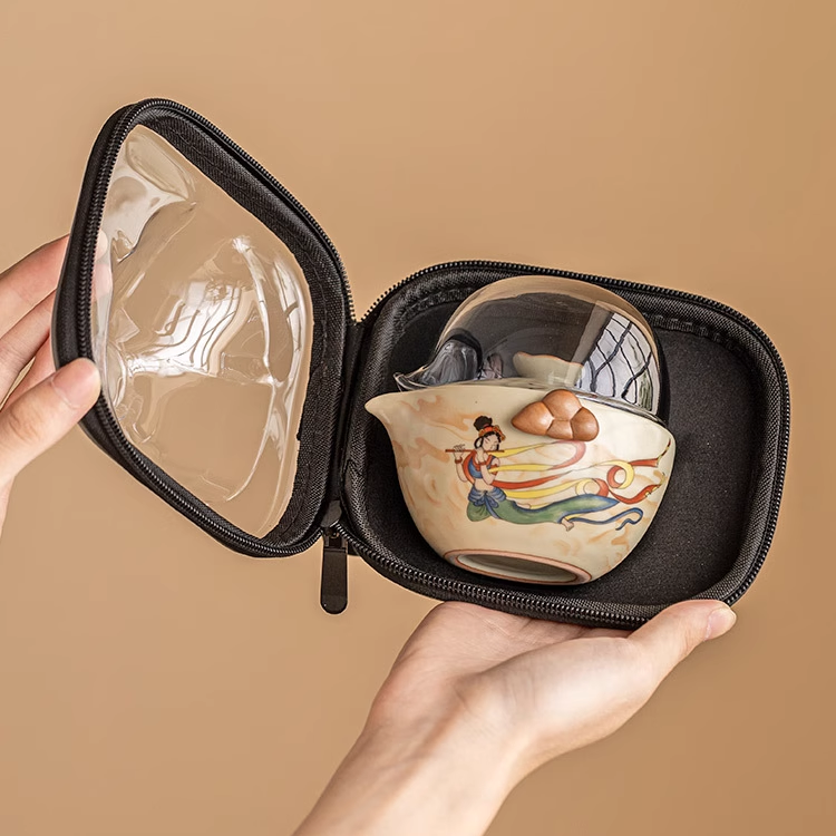 Dunhuang Flying Fairy Ru Kiln Ceramic Quick Guest Cup, one pot and two Cups Outdoor Portable Travel Tea Set (beige)
