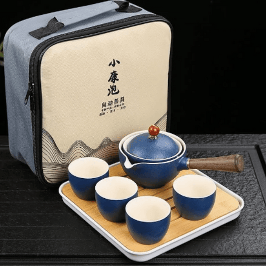 Ceramic portable travel tea set,One pot and four cups of travel bag (royal blue)