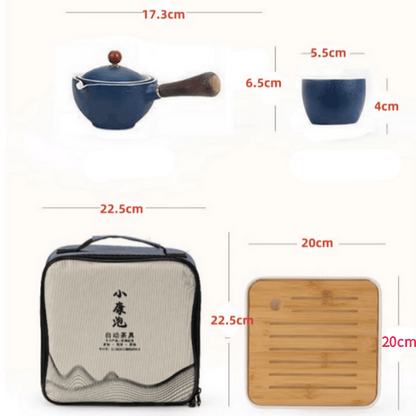 Ceramic portable travel tea set,One pot and four cups of travel bag (royal blue)