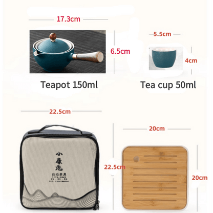 Ceramic portable travel tea set,One pot and four cups of travel bag (Green)