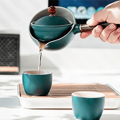 Ceramic portable travel tea set,One pot and four cups of travel bag (Green)
