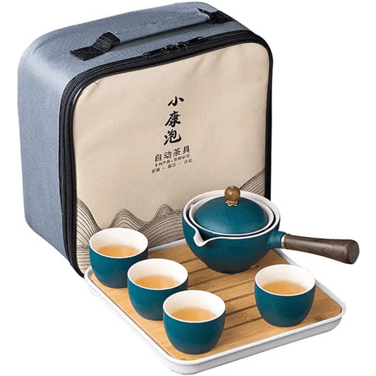 Ceramic portable travel tea set,One pot and four cups of travel bag (Green)
