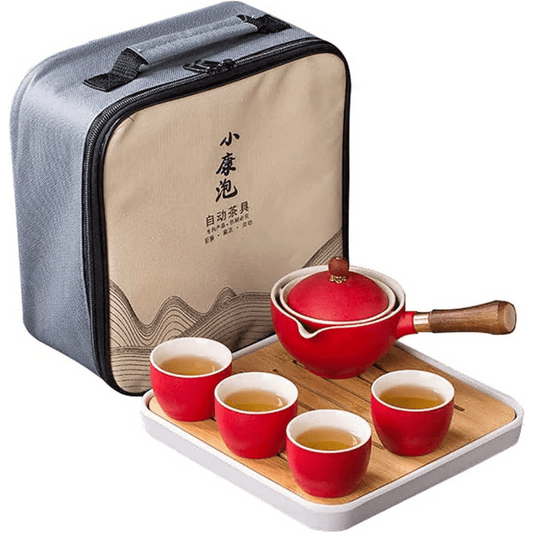 Ceramic portable travel tea set,One pot and four cups of travel bag (Red)