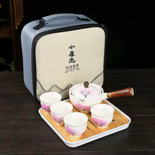 Ceramic portable travel tea set, 4 tea cups, tea tray, and travel bag (cherry blossom)