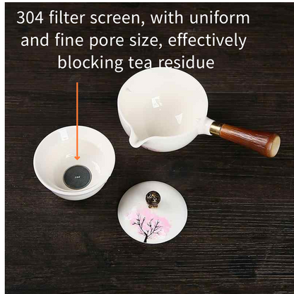 Ceramic portable travel tea set, 4 tea cups, tea tray, and travel bag (cherry blossom)