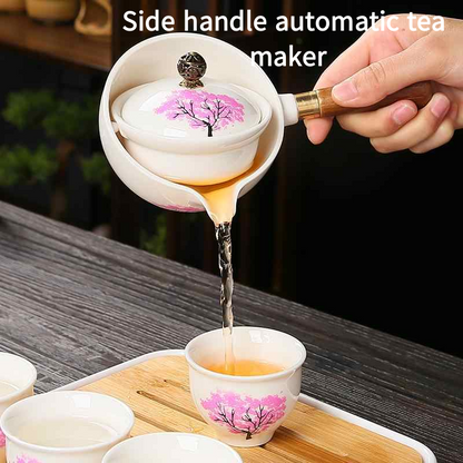 Ceramic portable travel tea set, 4 tea cups, tea tray, and travel bag (cherry blossom)