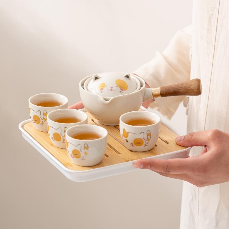 360 degree ceramic portable travel tea set (Lucky Cat)