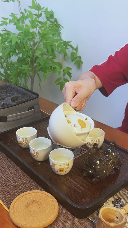 360 degree ceramic portable travel tea set (Lucky Cat)